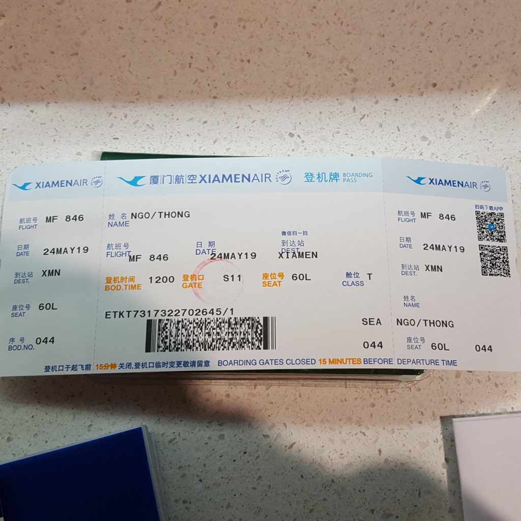 boarding pass from SeaTac airport to Xiamen airport