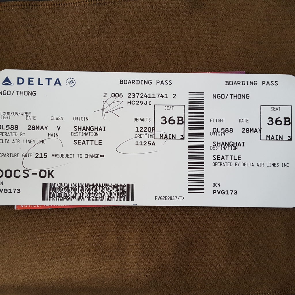 Air ticket with Delta from Shanghai to Seattle 